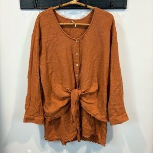 Free People Rust Brown Raw Hem Oversized Tie Front Romper Size Large
